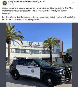 LBPD Facebook warning about Pike Outlets disturbance.