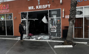 Burglars Crash Vehicle into Mr. Krispy Barbershop to Steal ATM Caught on Camera. Credit KRON 4