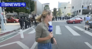 SIX News Australia Reporter Lauren Tomasi Shot by LAPD Rubber Bullet Caught on Camera. Credit SIX News Australia